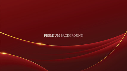Abstract golden ribbon and wave lines on red background and red technology geometric background. Modern futuristic background