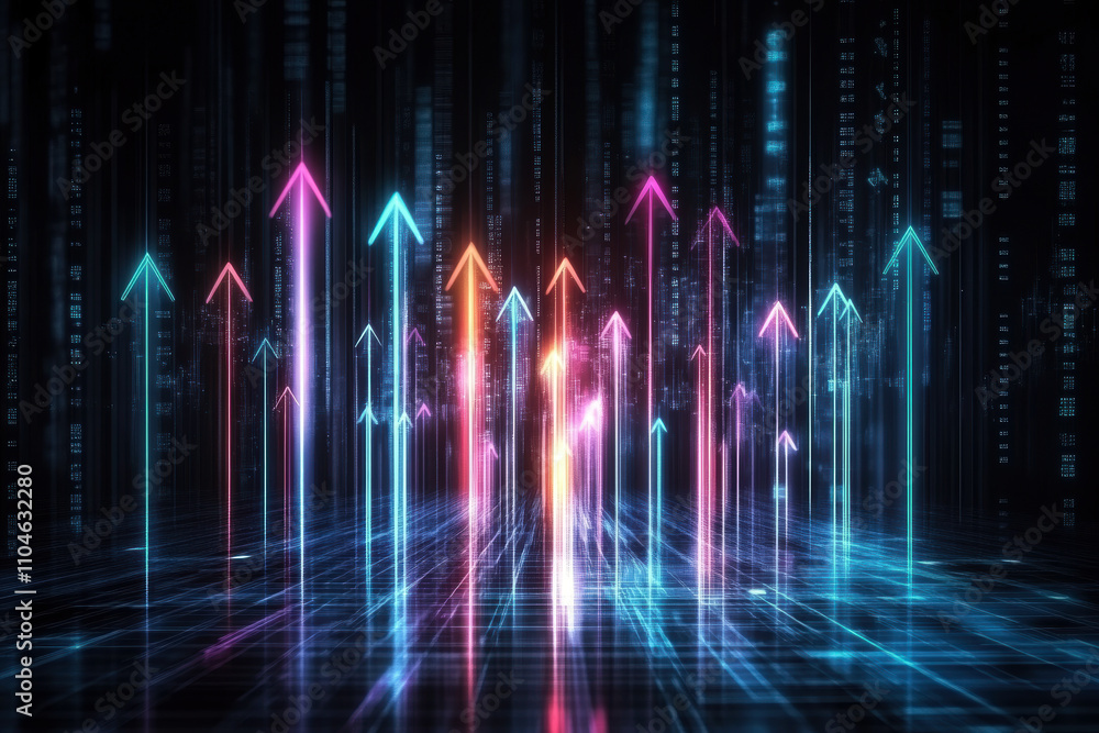 Poster a mesmerizing visualization showcasing vibrant, illuminated arrows ascending amidst a backdrop of di