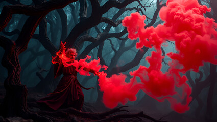 Mystic sorcerer wielding red mist, casting powerful spells, deep within a forest of twisted, eerie trees