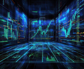 Fototapeta premium A futuristic trading room filled with digital displays, showcasing vibrant graphs and data streams representing market fluctuations and financial analytics,