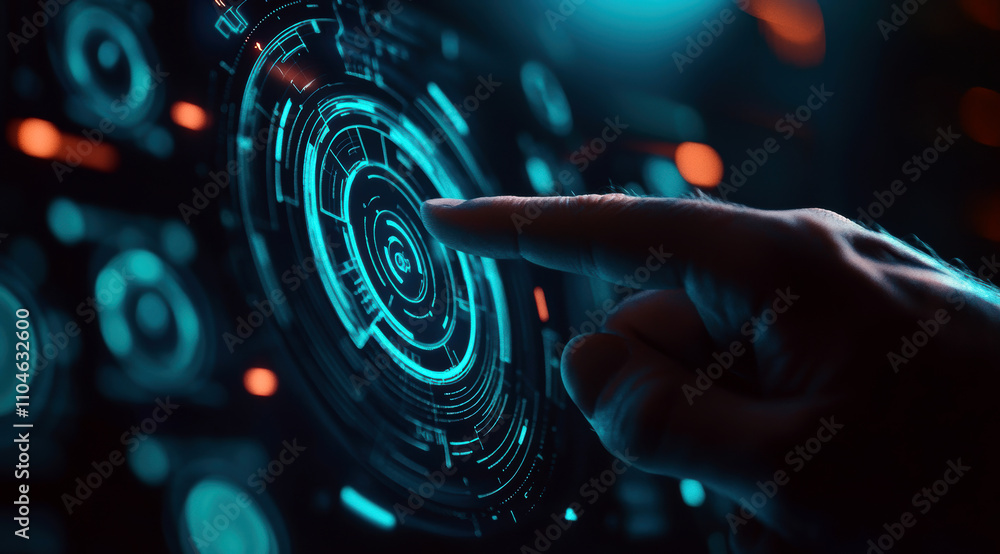 Poster this image captures a person's hand interacting with a high-tech digital interface, showcasing futur