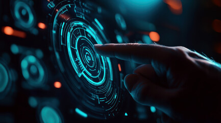 This image captures a person's hand interacting with a high-tech digital interface, showcasing futuristic technology and the seamless blend of human touch with advanced systems.