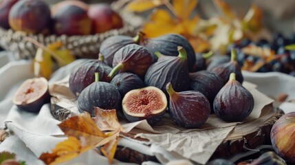 Arranged figs on wood board and paper, with table setting of autumn fruits and linen. Lifestyle food display with natural light.