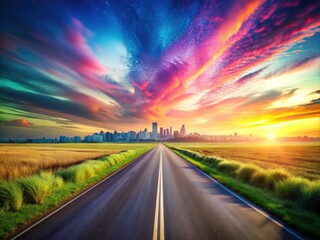 Naklejka premium Surreal Summer Road Trip: Empty Highway Meadow Cityscape