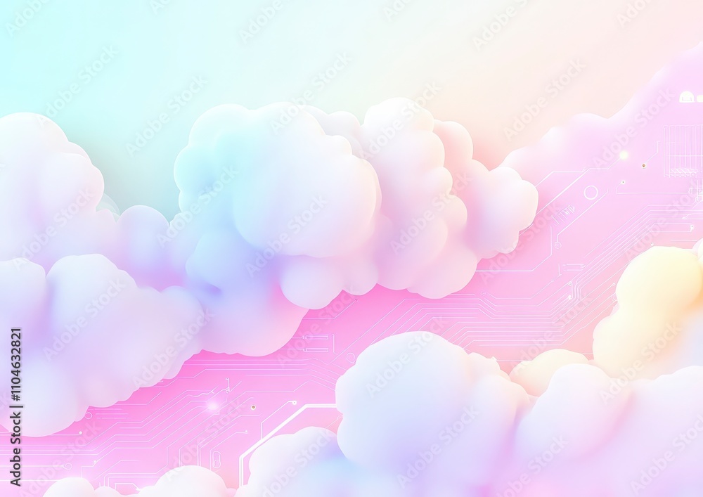 Poster soft pastel clouds with circuit pattern in dreamy background