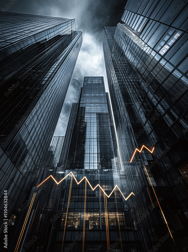 Poster a striking view of towering skyscrapers reflecting the sky, juxtaposed with a dynamic financial grap