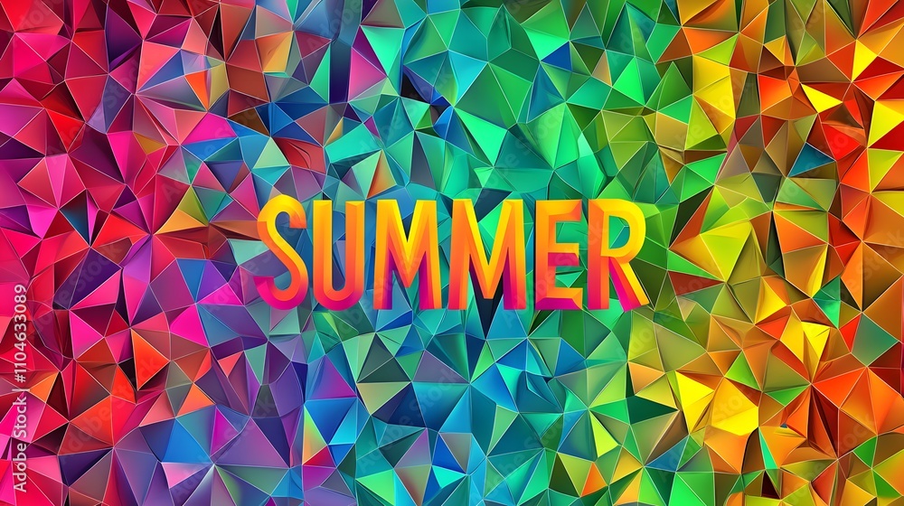 Poster vibrant geometric summer colorful background with triangular patterns and the word summer in bold ty