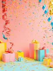Festive Gift Boxes with Confetti and Ribbons on Pink Background