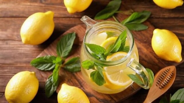 Cinematic top-down shot of a glass pitcher filled with lemonade, surrounded by fresh lemons and mint, evoking a rustic, summery vibe