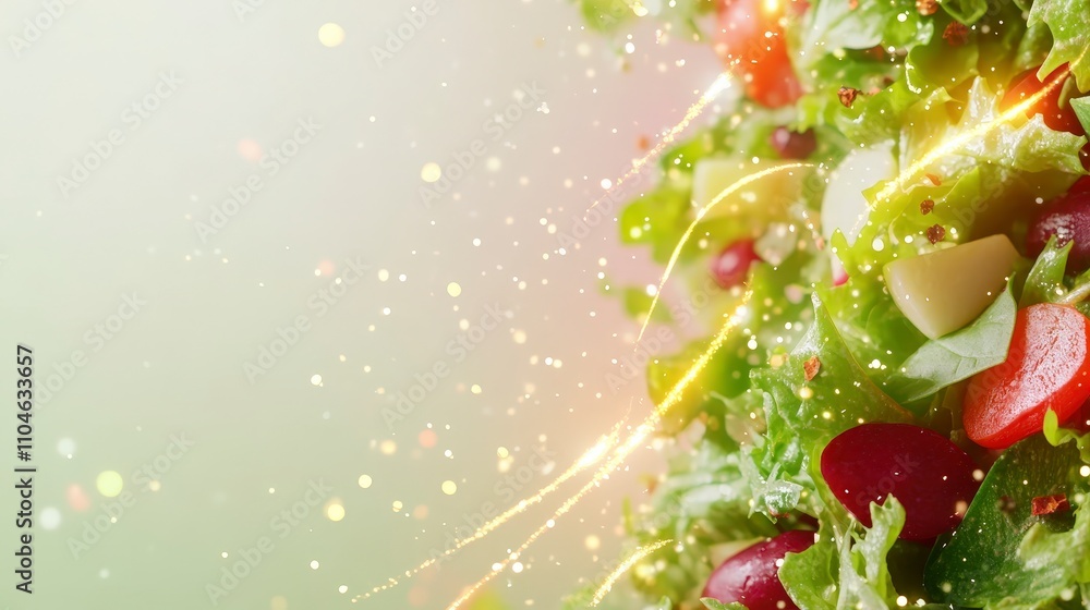 Poster fresh colorful salad with crushed ice and sparkling backgrounds