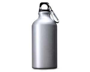 カラビナのついた、金属製の携帯用水筒