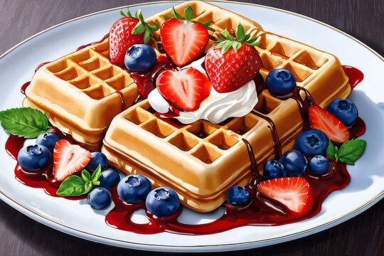 Delectable plate of waffles featuring juicy berries and drizzled syrup. Eye-catching presentation is ideal for brunch menus and engaging food photography.
