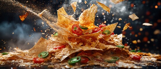 A dynamic explosion of nachos topped with tomatoes and jalape?os, showcasing a delicious snack.