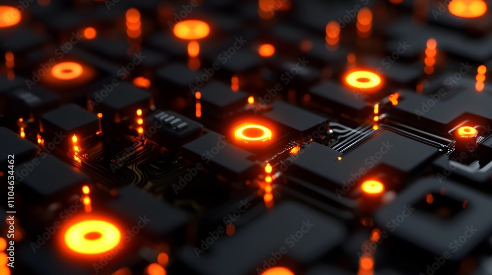 Poster a close up of a computer chip with many small lights on it. the lights are orange and the chip is bl