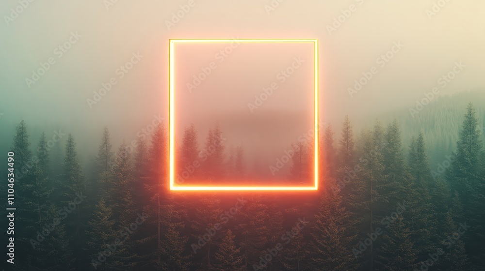 Poster neon frame in misty forest with pine trees and soft lighting