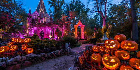A spooky Halloween scene with carved pumpkins and a beautifully lit haunted house.
