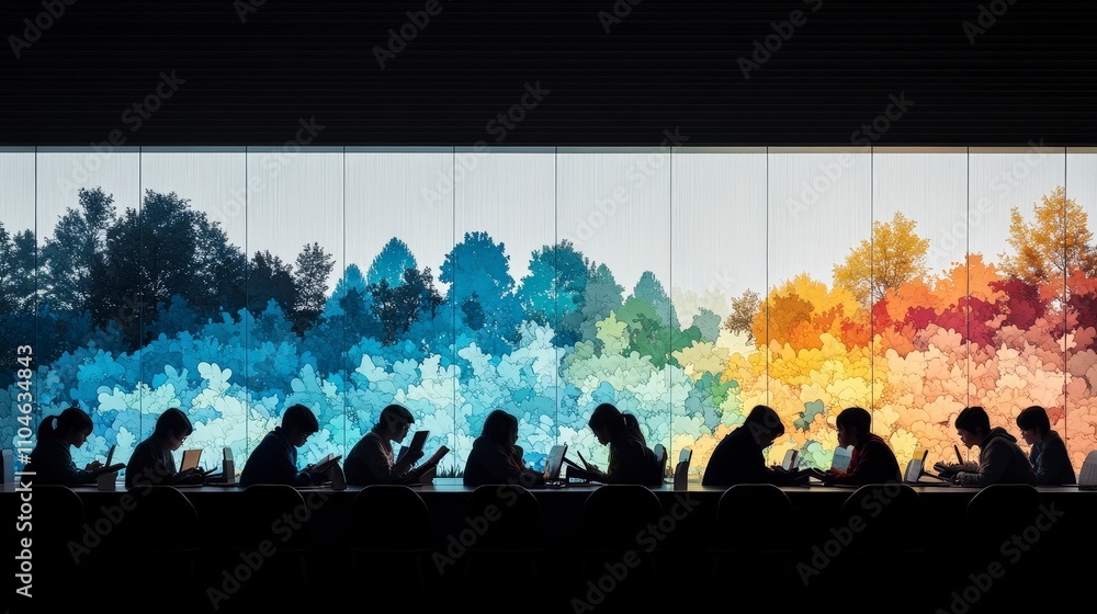 Poster silhouettes of people using devices with colorful tree background