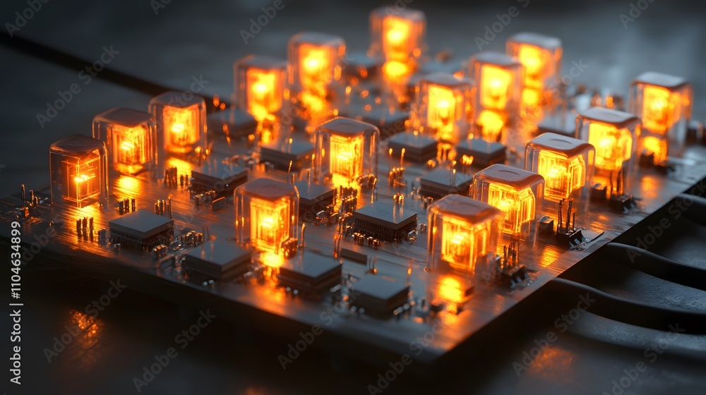 Poster a close up of a computer chip with many small lights on it. the lights are orange and the chip is bl