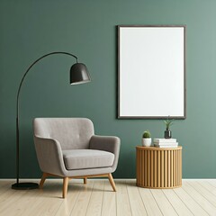 Modern interior with an armchair, floor lamp, blank frame, side table, and green wall.