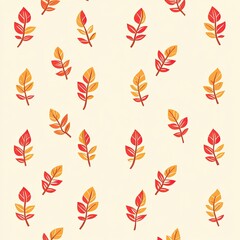 Seamless pattern of autumn leaves in orange and red on a cream background.