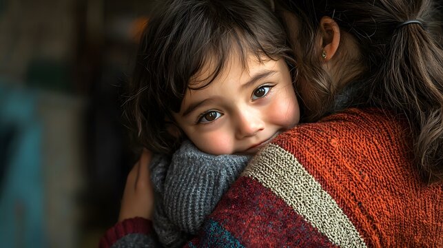Heartfelt moment of girl finding solace in foster mother's arms. World Orphans Day and foster family