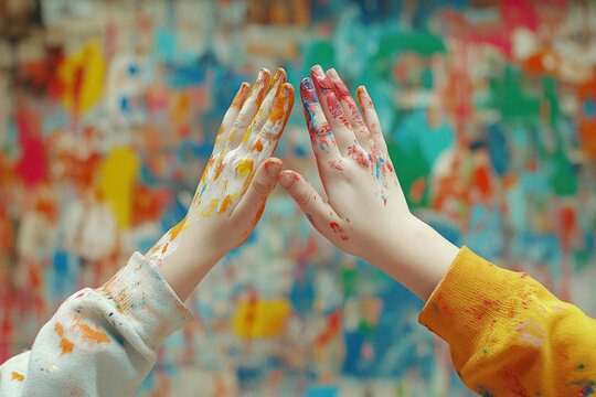 Two hands with colorful paint against a vibrant backdrop, showcasing creativity and expression.