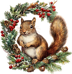 Cute squirrel nestled in a festive wreath