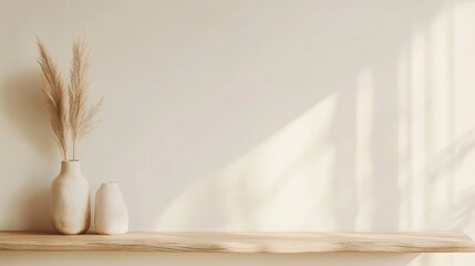 A minimalist shelf with decorative vases and dried plants against a light background.