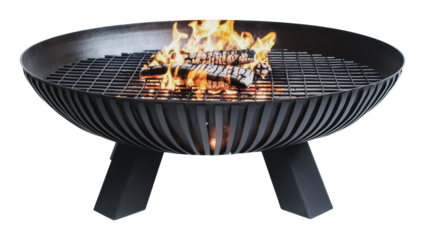 Modern fire pit with grill for outdoor gatherings, cut out - stock png.