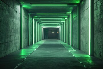 Modern concrete tunnel with dark garage perspective and green neon lighting. Concept cyberpunk interior design, futuristic hall