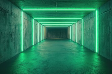 Modern concrete tunnel with dark garage perspective and green neon lighting. Concept cyberpunk interior design, futuristic hall