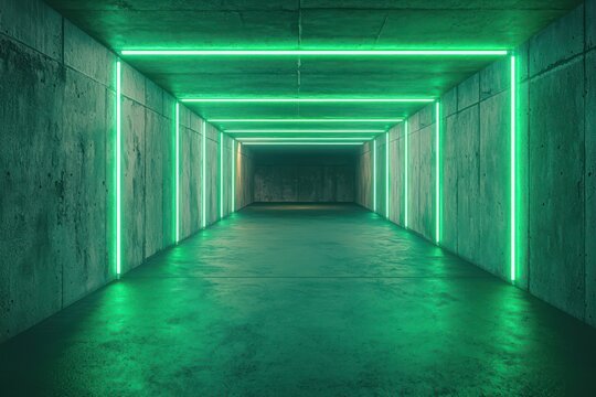 Modern concrete tunnel with dark garage perspective and green neon lighting. Concept cyberpunk interior design, futuristic hall