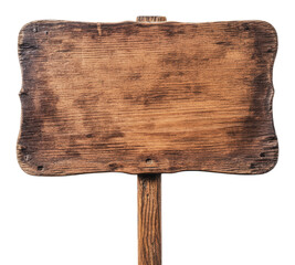 Wooden sign on a post in a rustic setting, cut out - stock png.