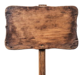 Wooden sign on a post in a rustic setting, cut out - stock png.