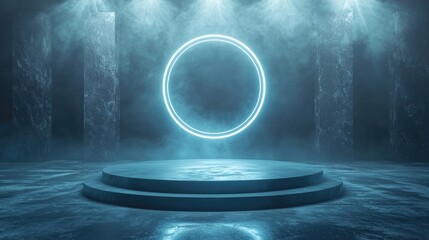 Futuristic Platform with Glowing Circle and Smoke in a Dark Room