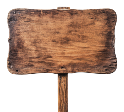 Wooden sign on a post in a rustic setting, cut out - stock png.