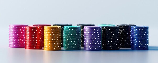 Realistic stack vibrant casino chips in various colors, arranged in neat piles