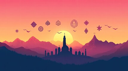 Fototapeta premium Silhouette of a castle on a mountain range at sunset, with various symbols and birds flying in the sky.