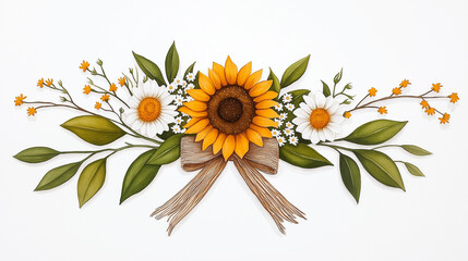 Watercolor depiction of a decorative floral bow made of sunflowers and small white flowers tied with a raffia ribbon