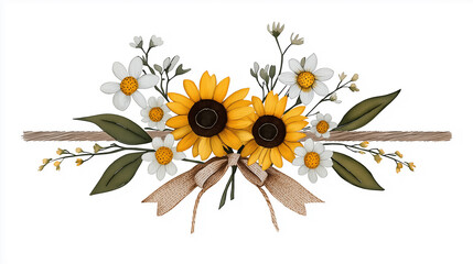 Watercolor depiction of a decorative floral bow made of sunflowers and small white flowers tied with a raffia ribbon