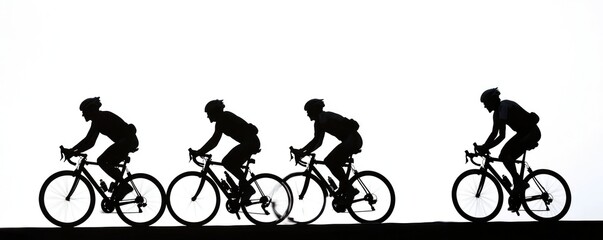 Obraz premium Silhouetted road cyclists captured in motion against a bright white backdrop