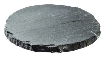 Round black slate serving board for culinary use, cut out - stock png.
