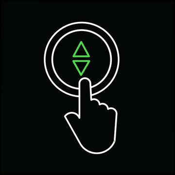 Hand pressing green button lift up outline design vector on black background,white outline hand preeisng button lift up stock image, finger pressing button lift up singel line illustration design 