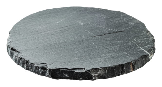 Round black slate serving board for culinary use, cut out - stock png.