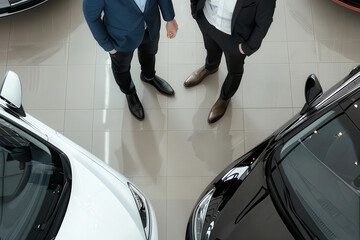 A car dealership with a variety of used cars for sale, with a dealer agent showcasing a vehicle to a potential customer, representing the automobile industry