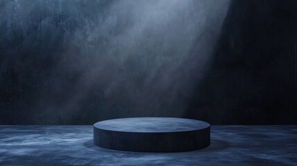 A Dark Blue Circular Pedestal Against a Textured Wall