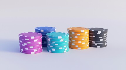 Empty 3D casino chips in vibrant colors stacked on a clean white surface