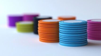 Empty 3D casino chips in vibrant colors stacked on a clean white surface