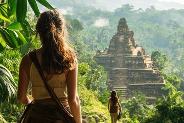 Explorer gazes at a lost city in the jungle, woman walking toward an ancient temple. Concept adventure, exploration, rainforest journey