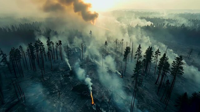 Aerial Landscape of Forest Fire Smoke and Burning Trees Highlighting Pollution and Environmental Destruction, Urging Concern for Our Planets Future.